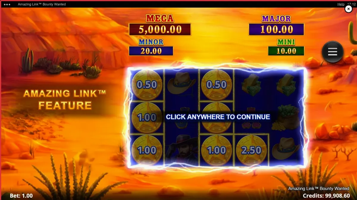 Cena do jogo Amazing Link Bounty Wanted, mostrando rolos azuis em um deserto ensolarado com silhuetas de pistoleiros e símbolos de faroeste.