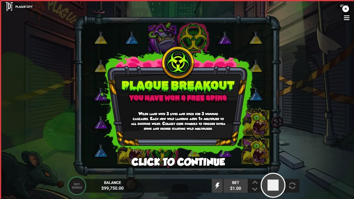 Interface do jogo de slot Plague City com elementos de laboratório e criaturas mutantes.